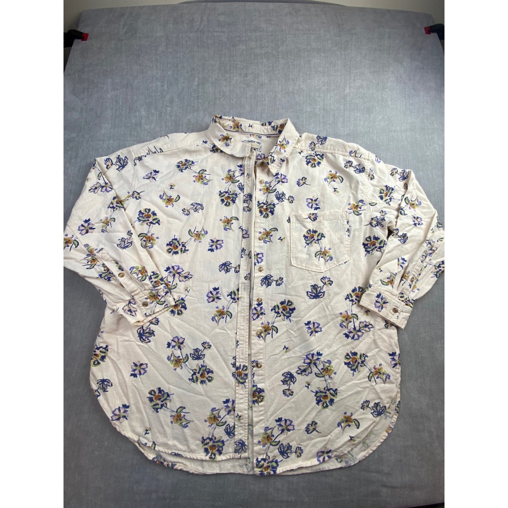 Pilcro Cotton Linen Floral Button Down Shirt‎ Cream Blue XL Oversized Pocket